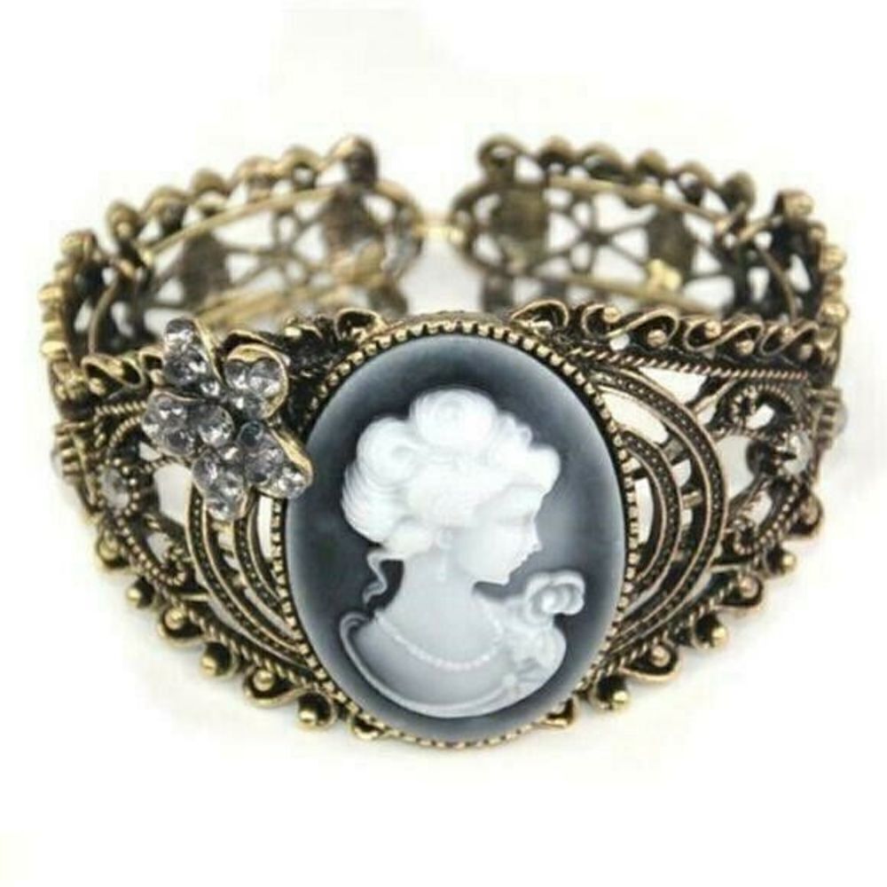 Victorian Steampunk Antiqued Brass Cameo Filigree Cuff Bracelet
